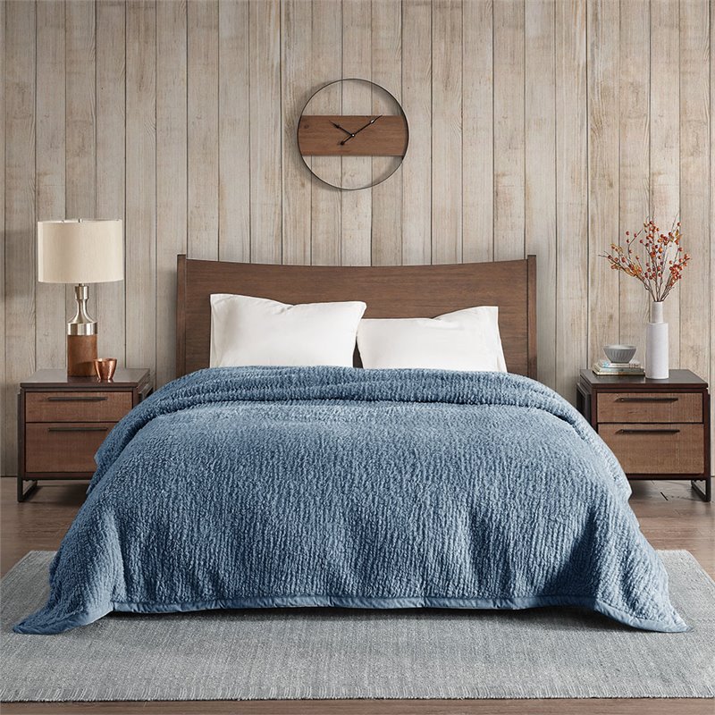 Woolrich Polyester Solid Berber Brushed Blanket w/ Crystal Velvet Binding - Blue