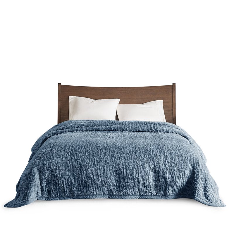 Woolrich Polyester Solid Berber Brushed Blanket w/ Crystal Velvet Binding - Blue
