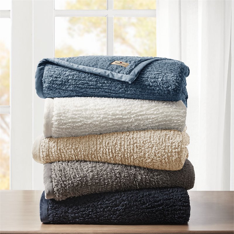 Woolrich Polyester Solid Berber Brushed Blanket w/ Crystal Velvet Binding - Blue