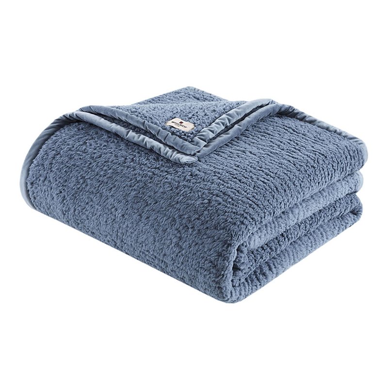 Woolrich Polyester Solid Berber Brushed Blanket w/ Crystal Velvet Binding - Blue