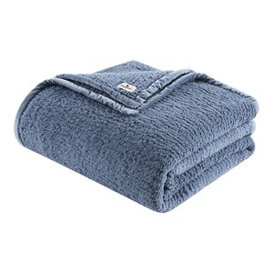 Woolrich Polyester Solid Berber Brushed Blanket w/ Crystal Velvet Binding - Blue