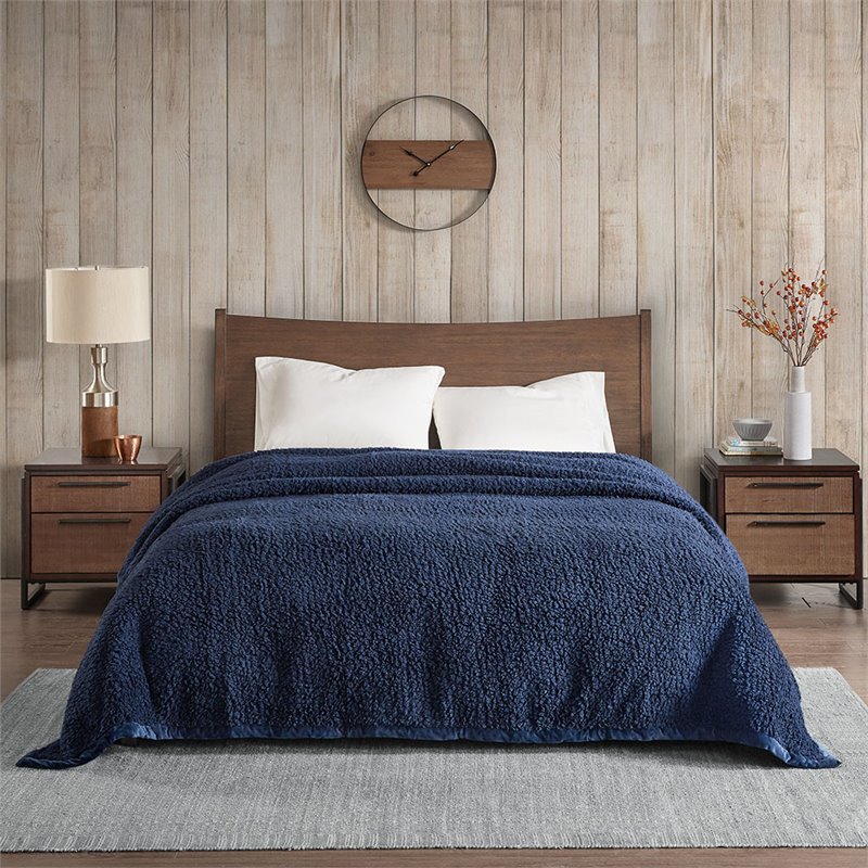 Woolrich Polyester Solid Berber Brushed Blanket w/ Crystal Velvet Binding - Navy