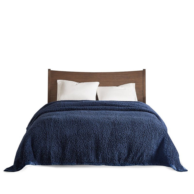 Woolrich Polyester Solid Berber Brushed Blanket w/ Crystal Velvet Binding - Navy