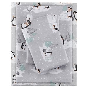 true north by sleep philosophy cotton pigment printed sheet set - gray penguins