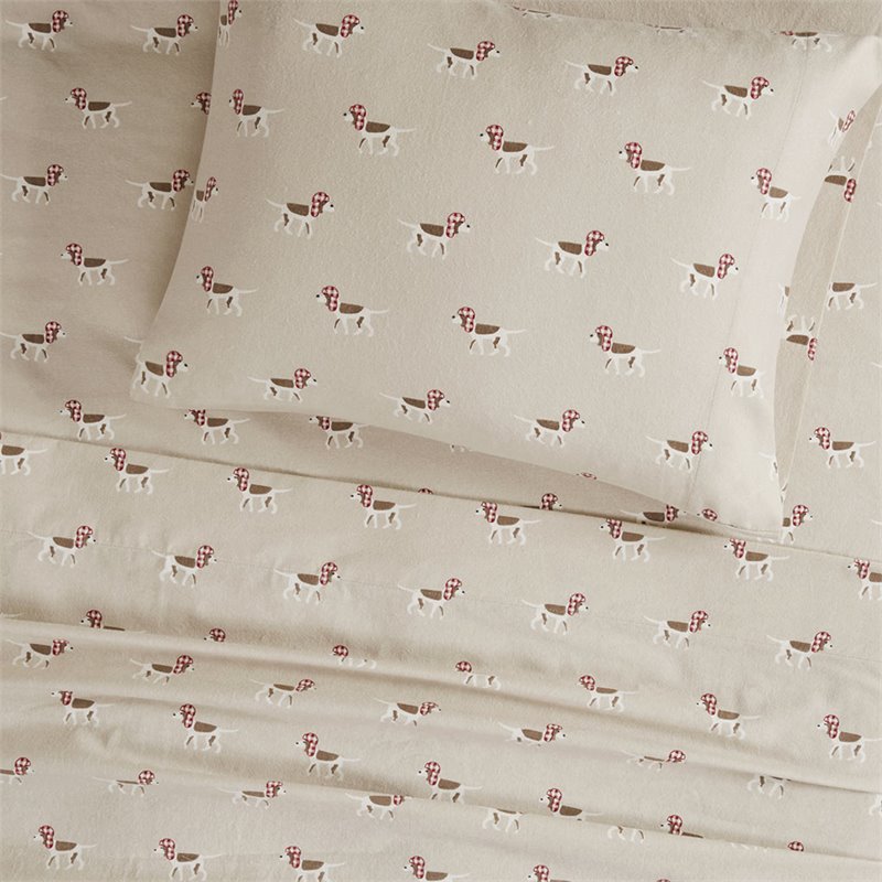 Woolrich 100 Percent Cotton Flannel Printed Sheet Set in Tan Dog