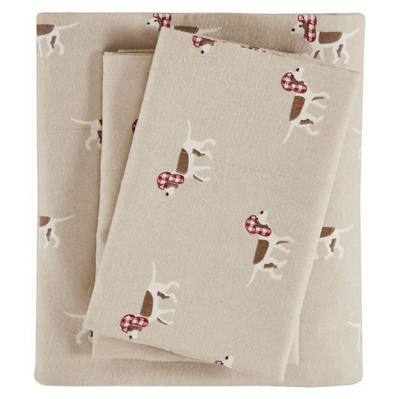 Woolrich 100 Percent Cotton Flannel Printed Sheet Set in Tan Dog