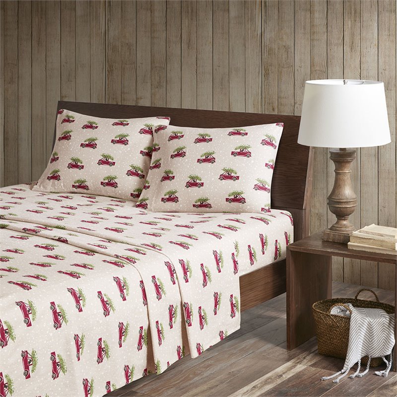 Woolrich 100 Percent Cotton Flannel Printed Sheet Set in Tan Cars