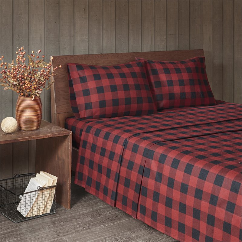 Woolrich 100 Percent Cotton Printed Queen Sheet Set in Red/Black Buffalo Check