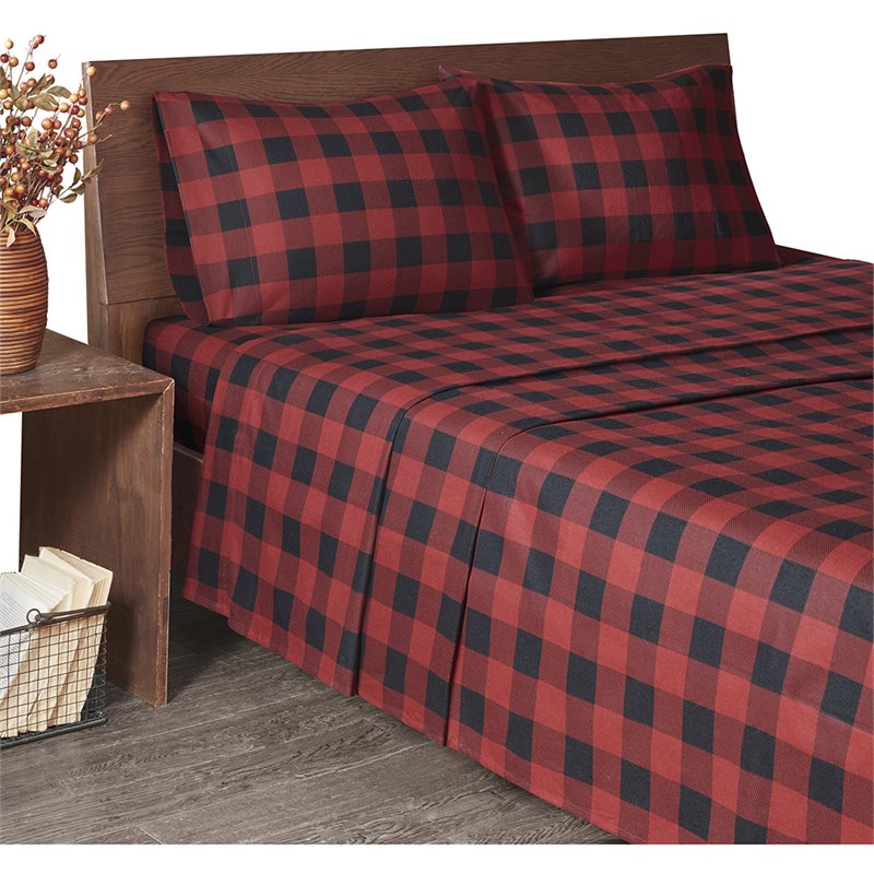 Woolrich 100 Percent Cotton Printed Queen Sheet Set in Red/Black Buffalo Check