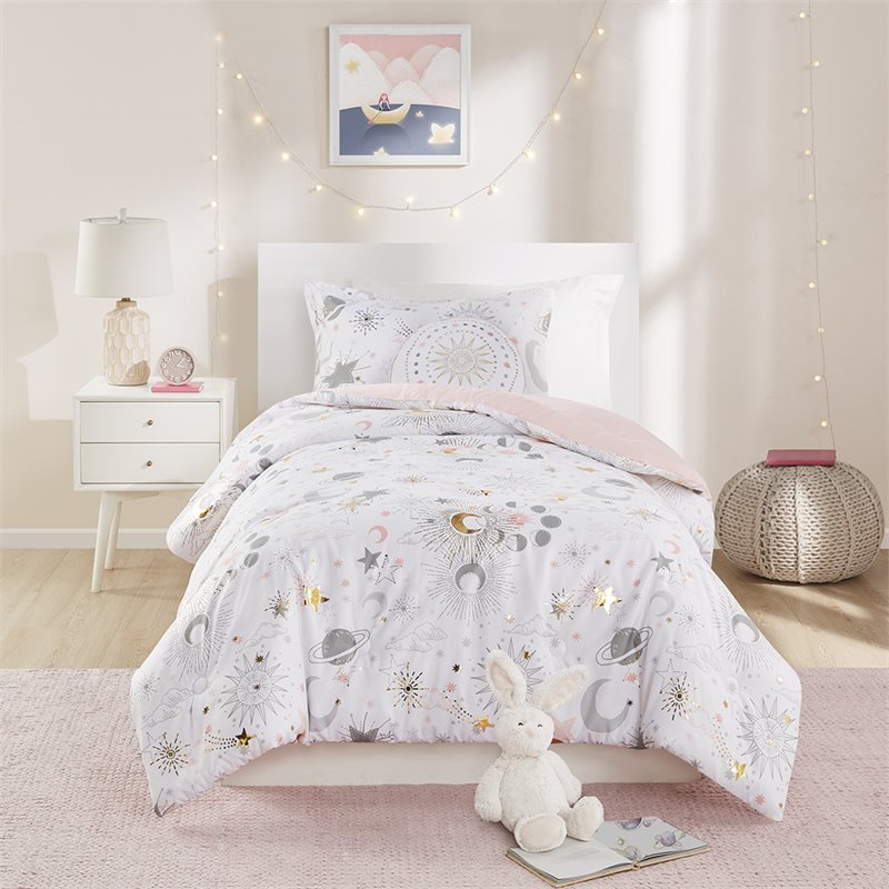 Modern 100 Percent Polyester Printed Comforter Set in Blush-Gold