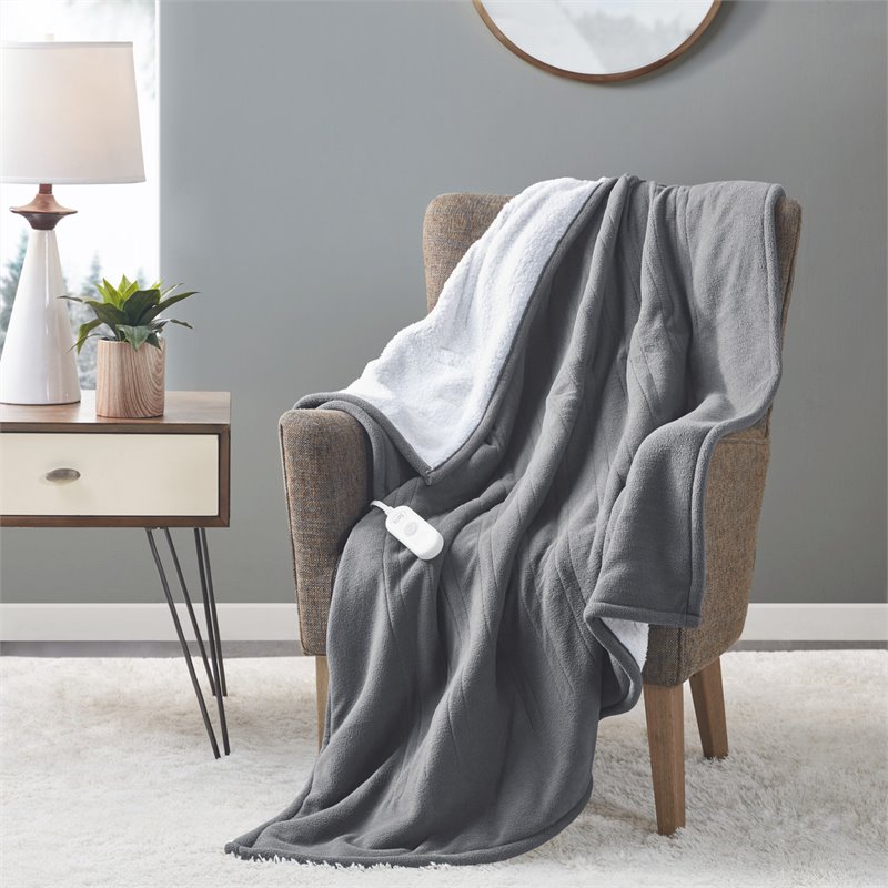 Serta Polyester Fabric Fleece to Sherpa Heated Electric Throw in Gray