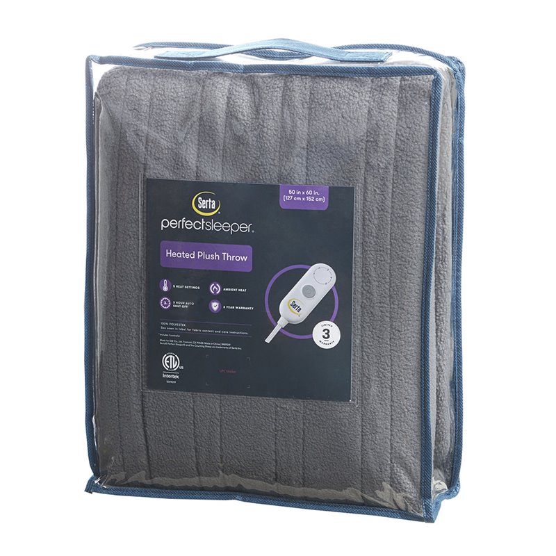 Serta Polyester Fabric Fleece to Sherpa Heated Electric Throw in Gray