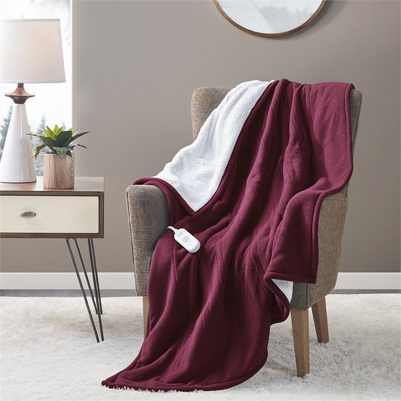 Serta Polyester Fabric Fleece to Sherpa Heated Electric Throw in Red