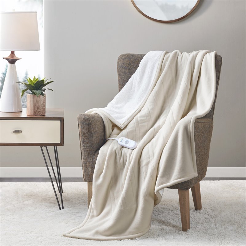 Serta Polyester Fabric Fleece to Sherpa Heated Electric Throw in Tan