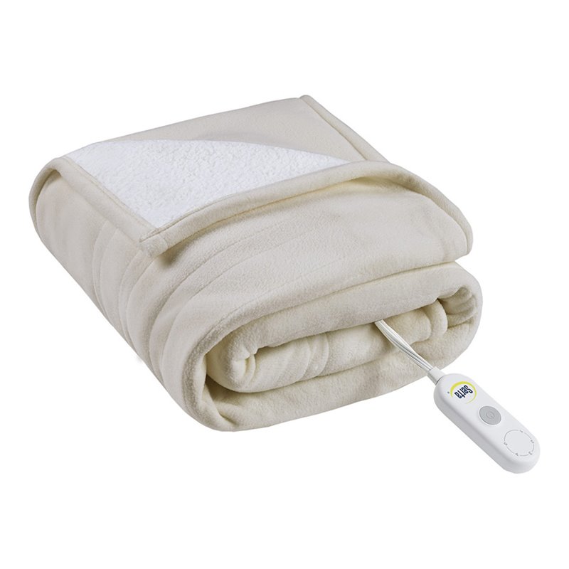 Serta Polyester Fabric Fleece to Sherpa Heated Electric Throw in Tan