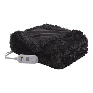 Serta Polyester Fabric Shaggy Fur Heated Electric Throw in Black