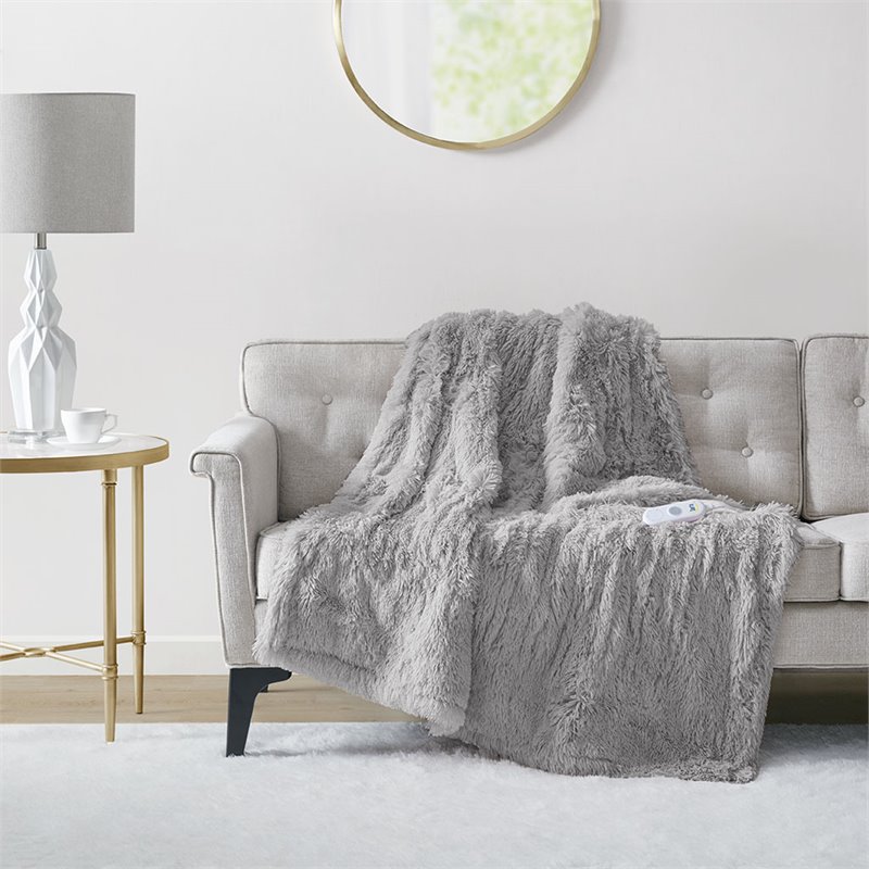 Serta Polyester Fabric Shaggy Fur Heated Electric Throw in Gray