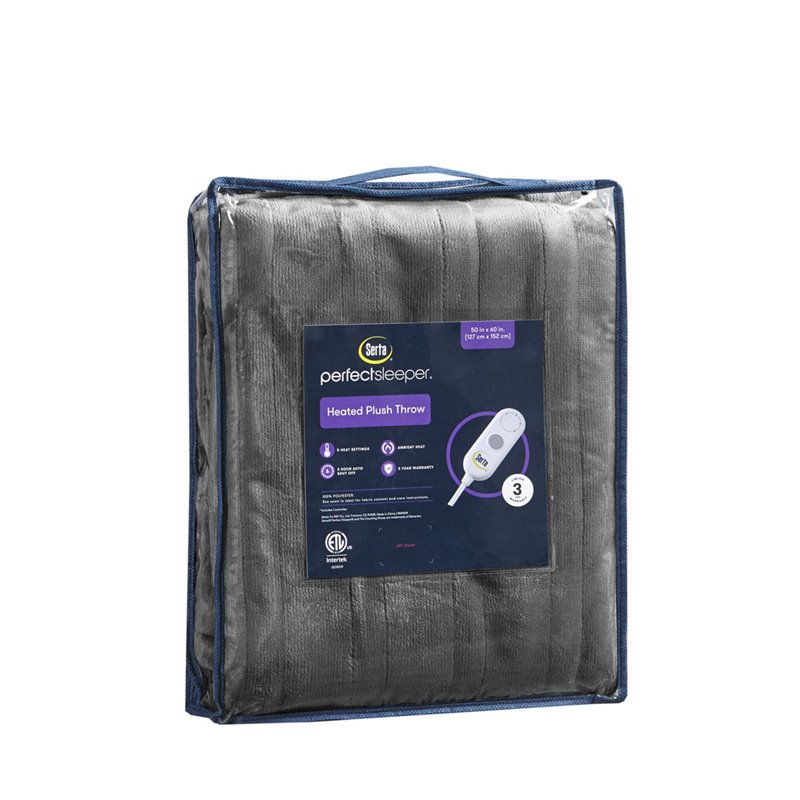 Serta Polyester Fabric Microlight Heated Electric Throw in Gray