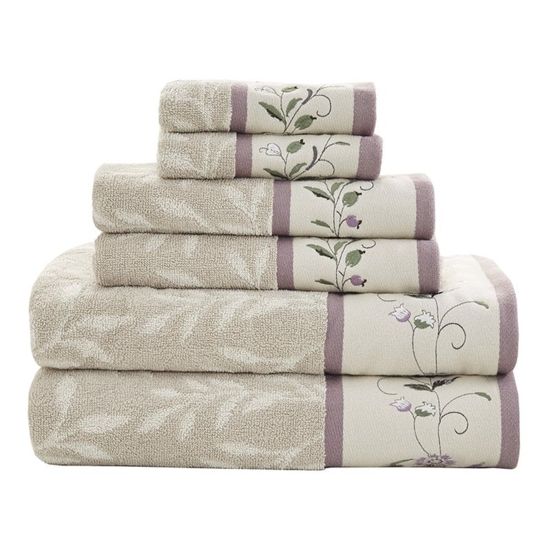Madison Park 6-Piece Jacquard Traditional Cotton Embroidered Towel Set in Purple