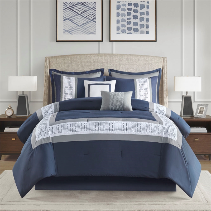 510 Design Powell 8-Piece Modern Fabric Embroidered Comforter Set - Navy