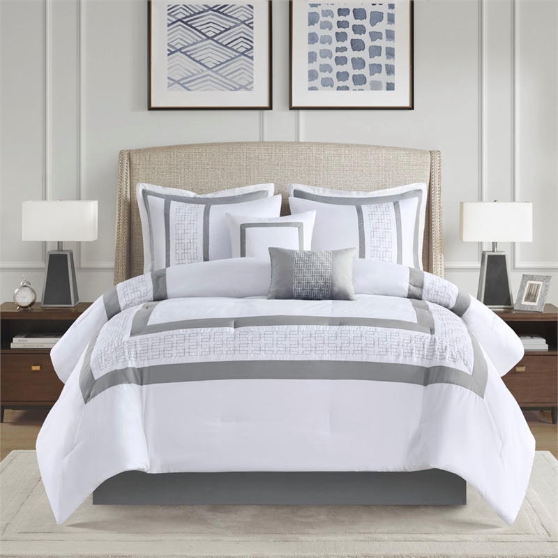 510 Design Powell 8-Piece Modern Fabric Embroidered Comforter Set - White
