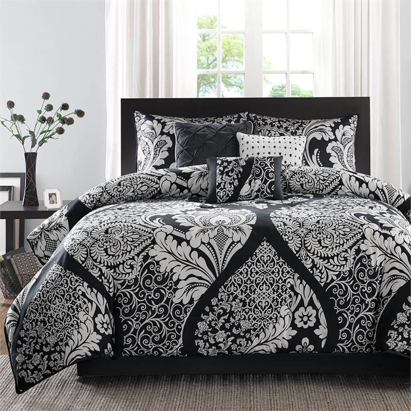 Madison Park Vienna 7-Piece Transitional Cotton Printed Comforter Set - Black
