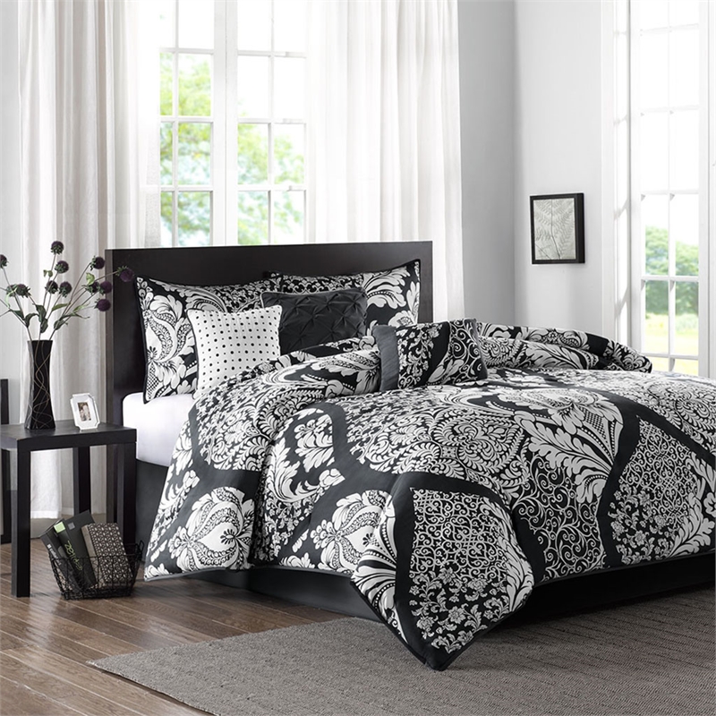 Madison Park Vienna 7-Piece Transitional Cotton Printed Comforter Set in Black