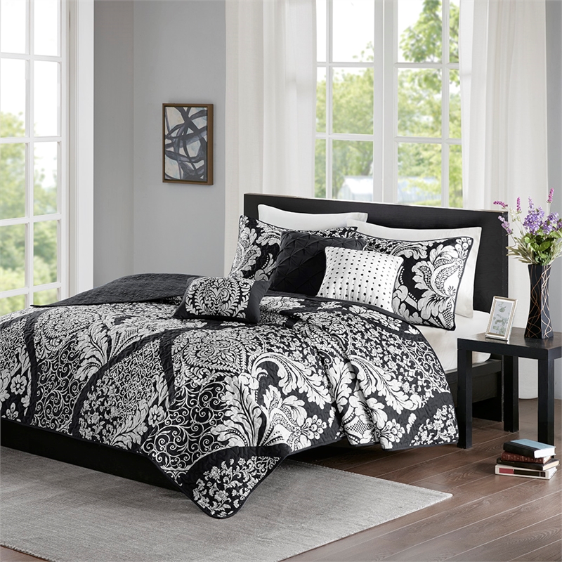 Madison Park Vienna 6-Piece Cotton Reversible Coverlet Set in Black