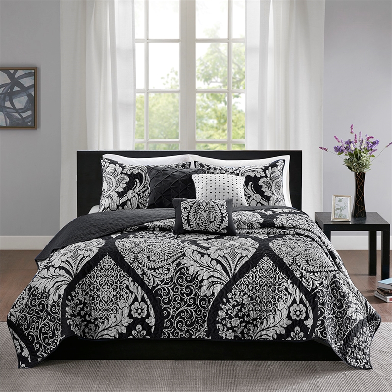 Madison Park Vienna 6-Piece Cotton Reversible Coverlet Set in Black