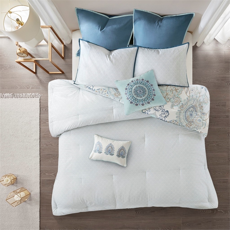 Madison Park Isla 8 Piece Cotton Floral Printed Reversible Comforter Set in Blue