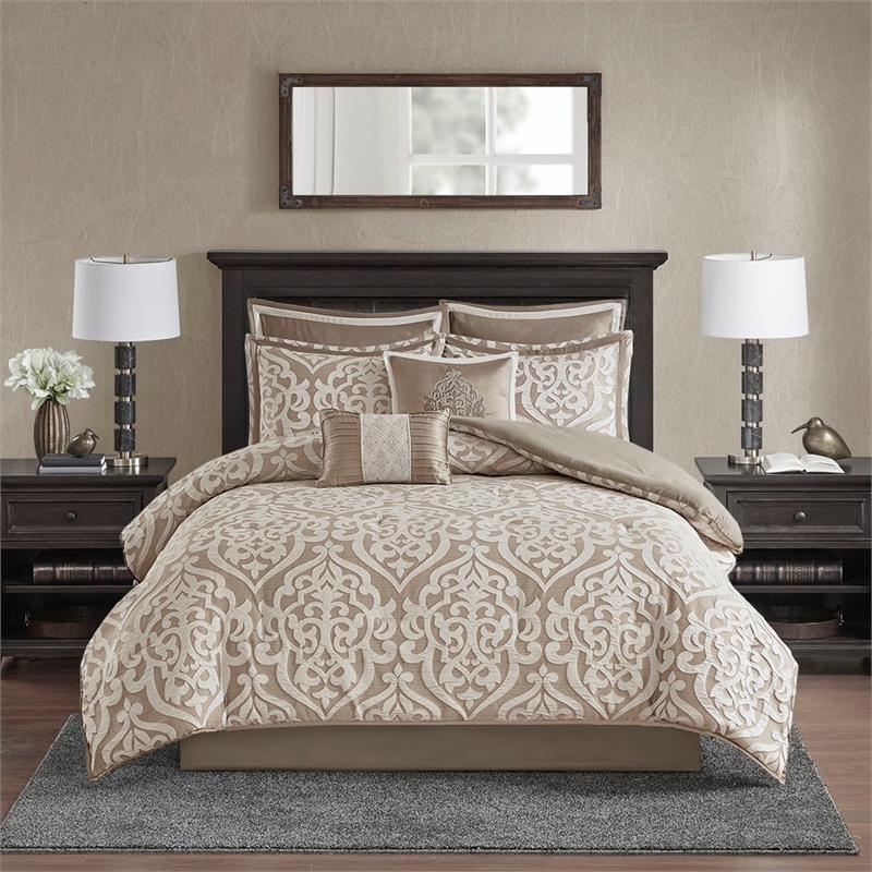 Madison Park Odette 8 Piece Jacquard Comforter Set in Tan