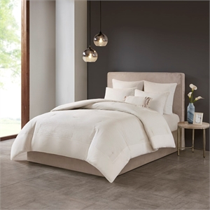 N Natori Hanae Cotton Blend Yarn Dyed 3 Piece Comforter Set in White