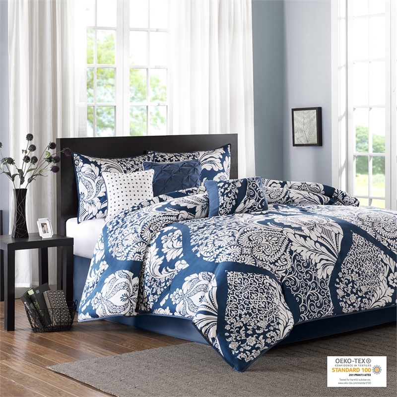 Madison Park Vienna 7 Piece Cotton Printed Comforter Set in Indigo