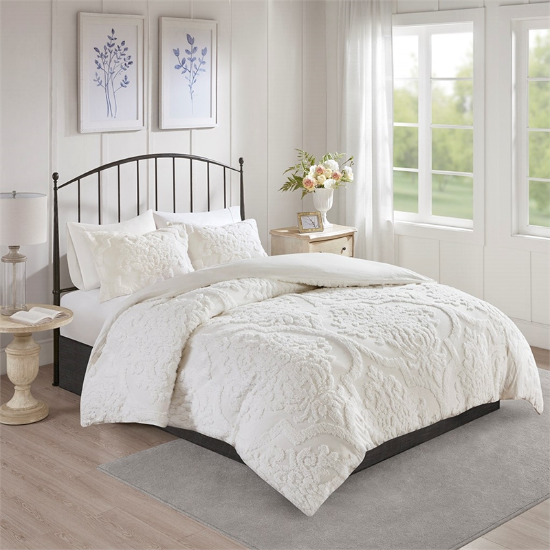 Madison Park Viola 3 Piece Tufted Cotton Chenille Damask Duvet Cover Set