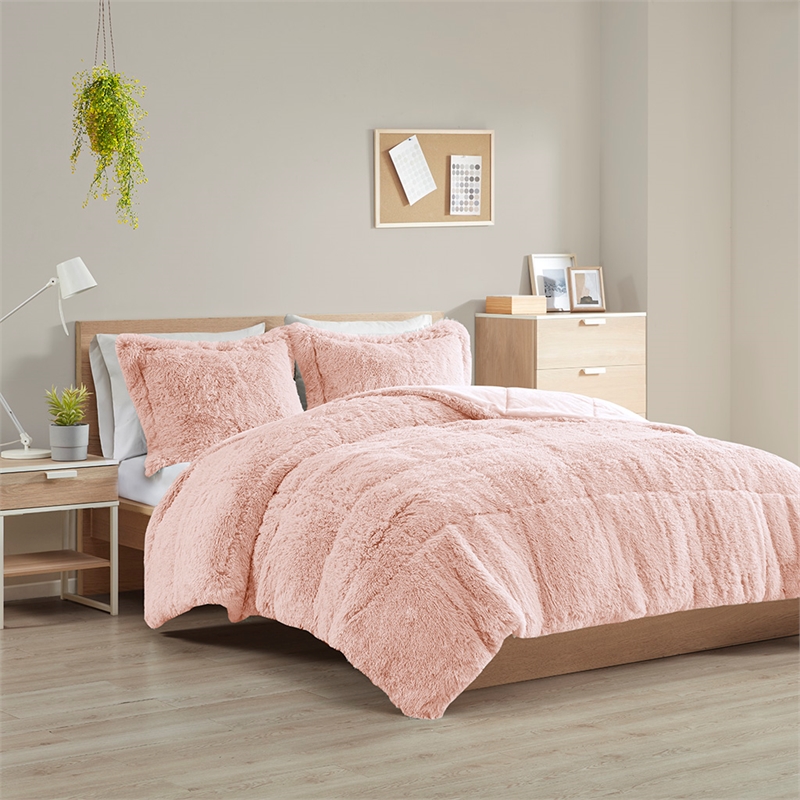 Intelligent Design Malea Shaggy Faux Fur Comforter Mini Set in Blush