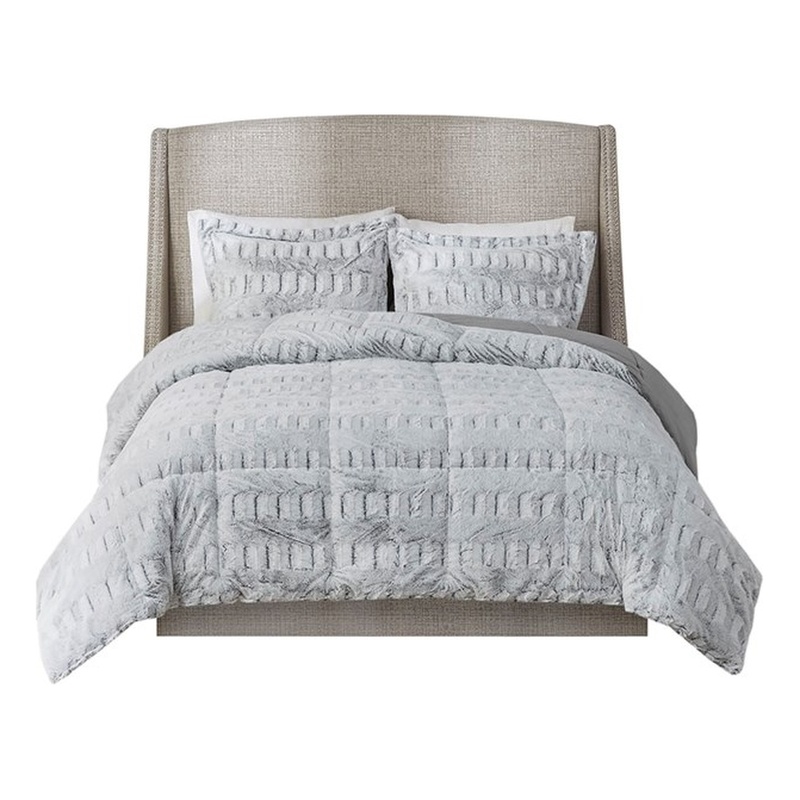 Madison Park Gia Back Print Long Fur Comforter Mini Set in Grey