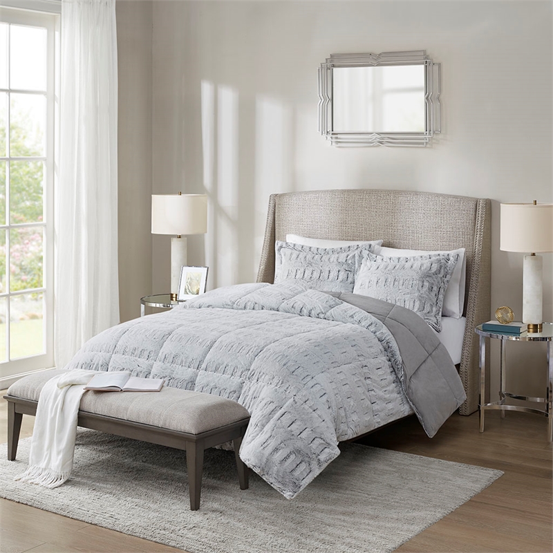 Madison Park Gia Back Print Long Fur Comforter Mini Set in Grey