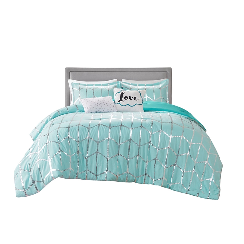 Intelligent Design Raina Metallic Printed Comforter Set in Aqua and Silver