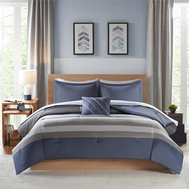 Intelligent Design Marsden Striped Comforter Set with Bed Sheets in Blue Grey
