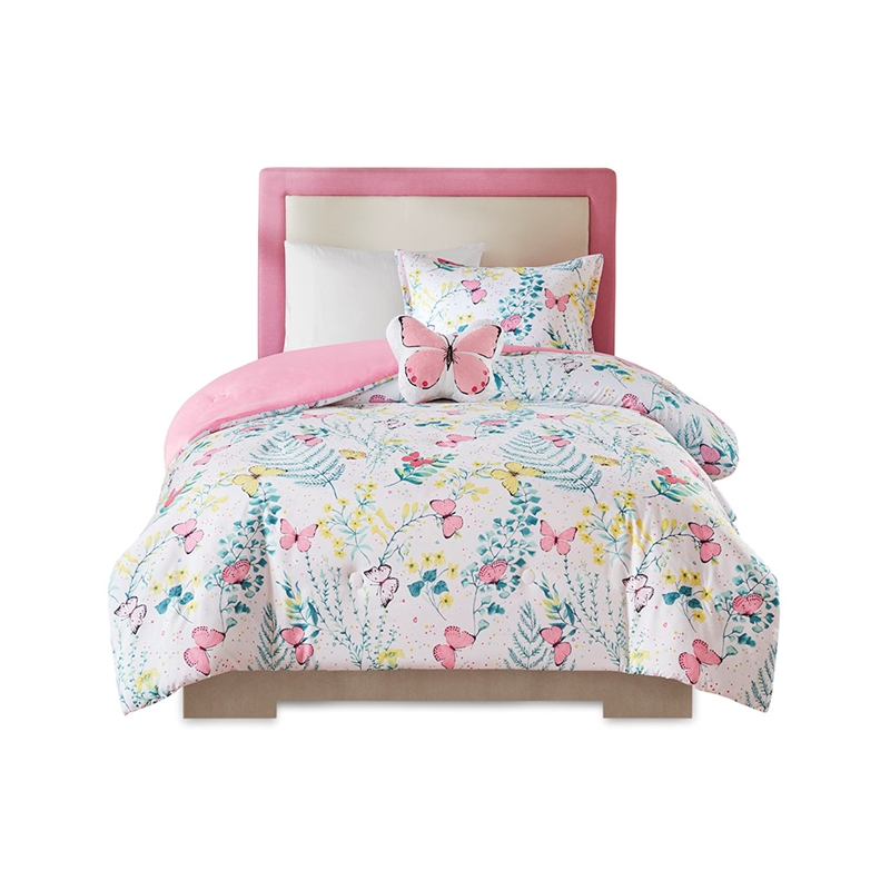 Cynthia Printed Butterfly Comforter Set in Pink