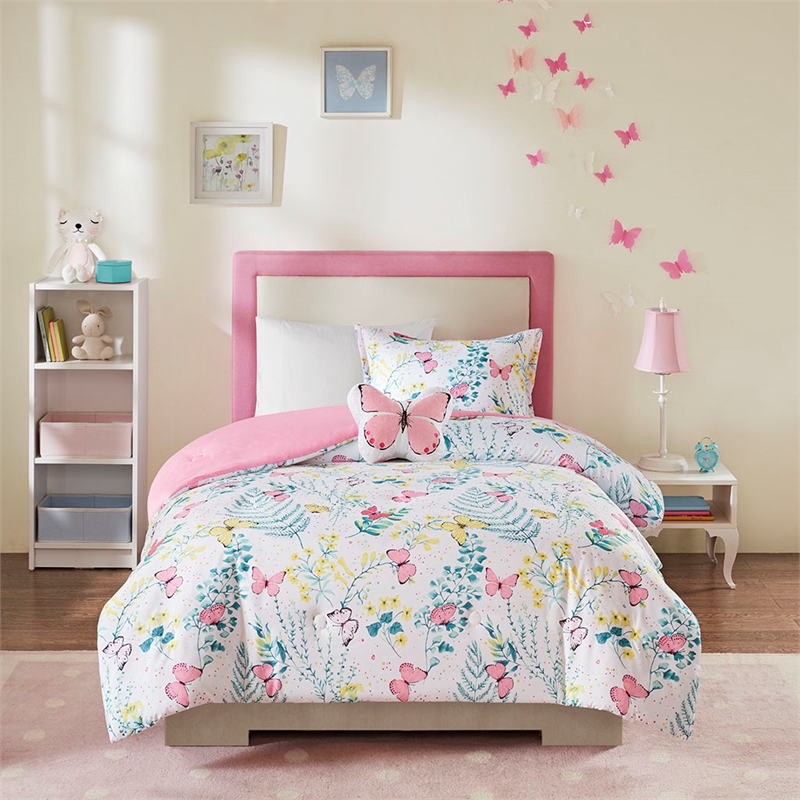 Cynthia Printed Butterfly Comforter Set in Pink