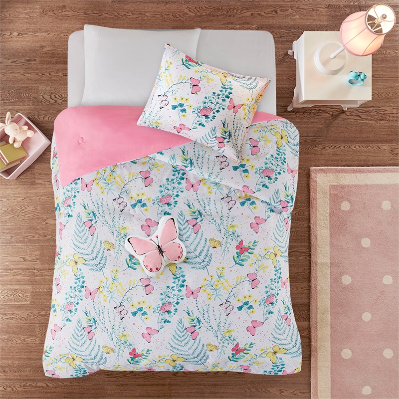 Cynthia Printed Butterfly Comforter Set in Pink