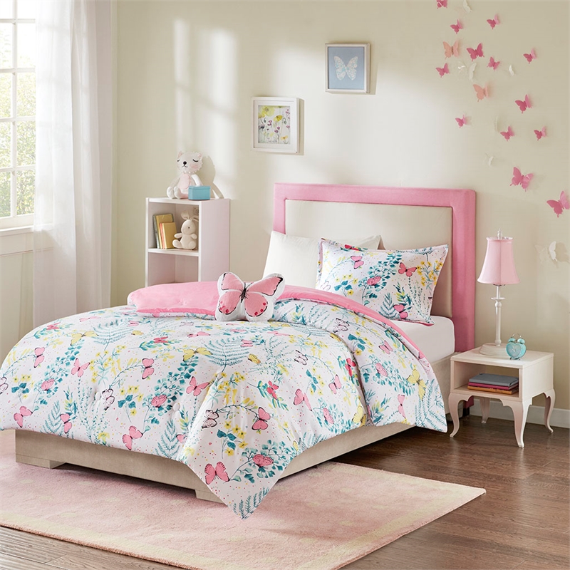 Cynthia Printed Butterfly Comforter Set in Pink