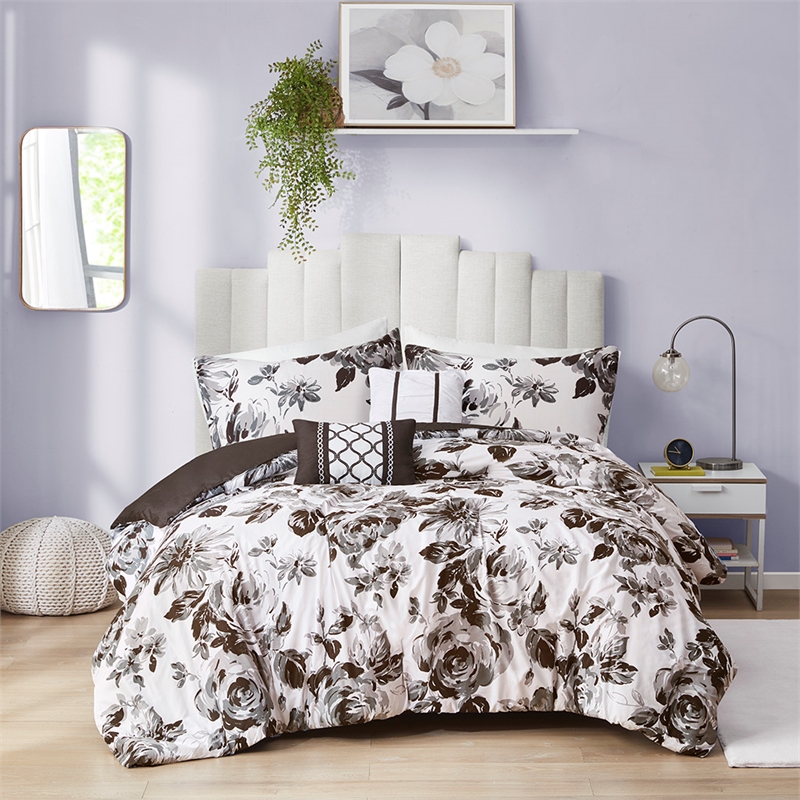 Intelligent Design Dorsey Floral Print Full/Queen Comforter Set in Black/White