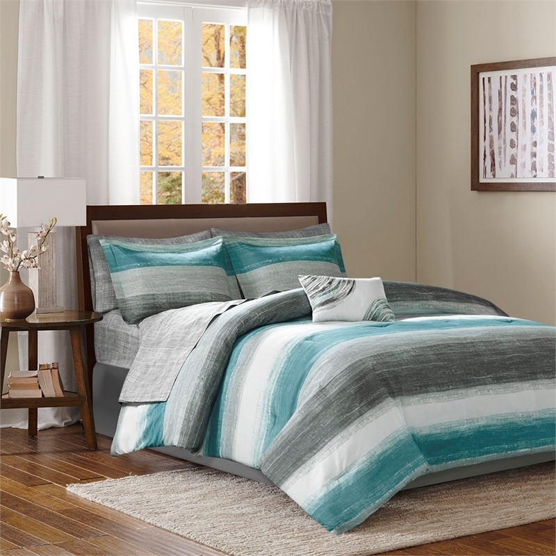 Madison Park Essentials Saben 7 Piece Comforter Set with Aqua Cotton Bed Sheets