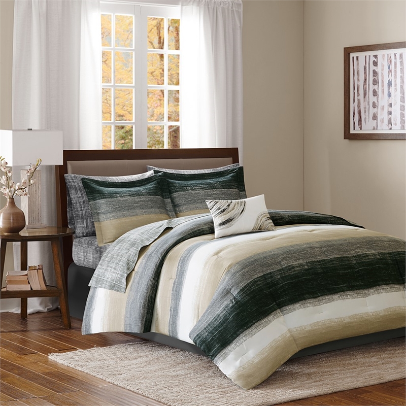 Madison Park Essentials Saben 9 Piece Comforter Set with Taupe Cotton Bed Sheets