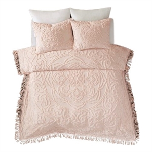 Madison Park Laetitia 90x90&quot Cotton Medallion Fringe Coverlet Mini Set in Blush
