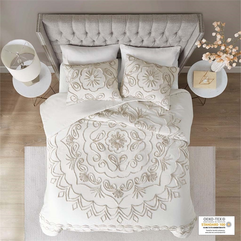 Madison Park Violette 3-Piece Cotton Chenille Duvet Cover Set in Ivory/Taupe