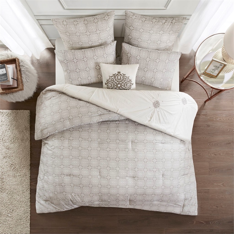 Madison Park 6 Piece Cotton Reversible Comforter Set in Ivory King/Cal King
