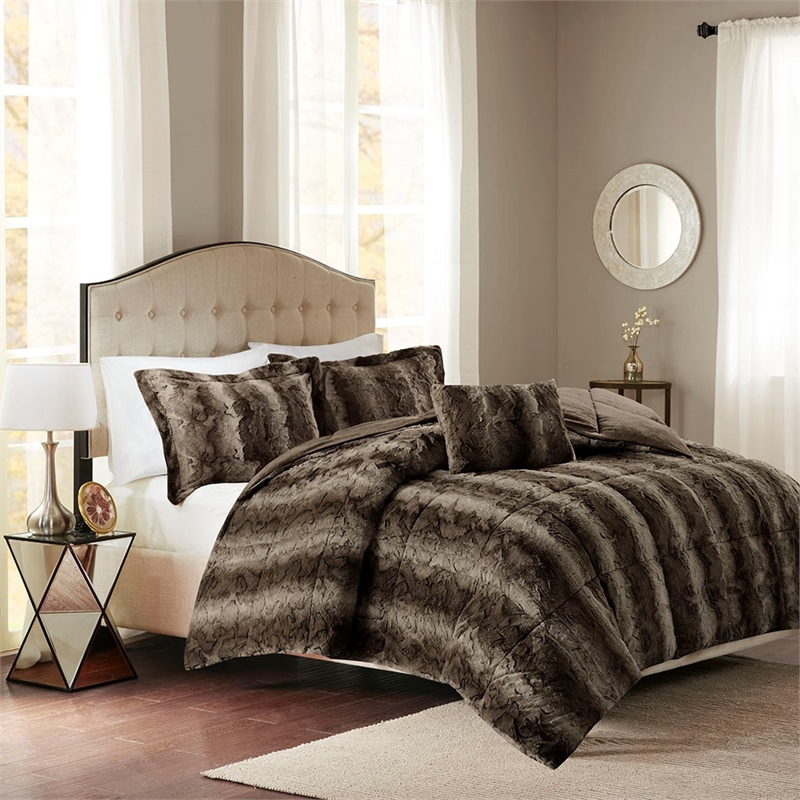 Madison Park Zuri 4PC Faux Fur Comforter Set in Brown King